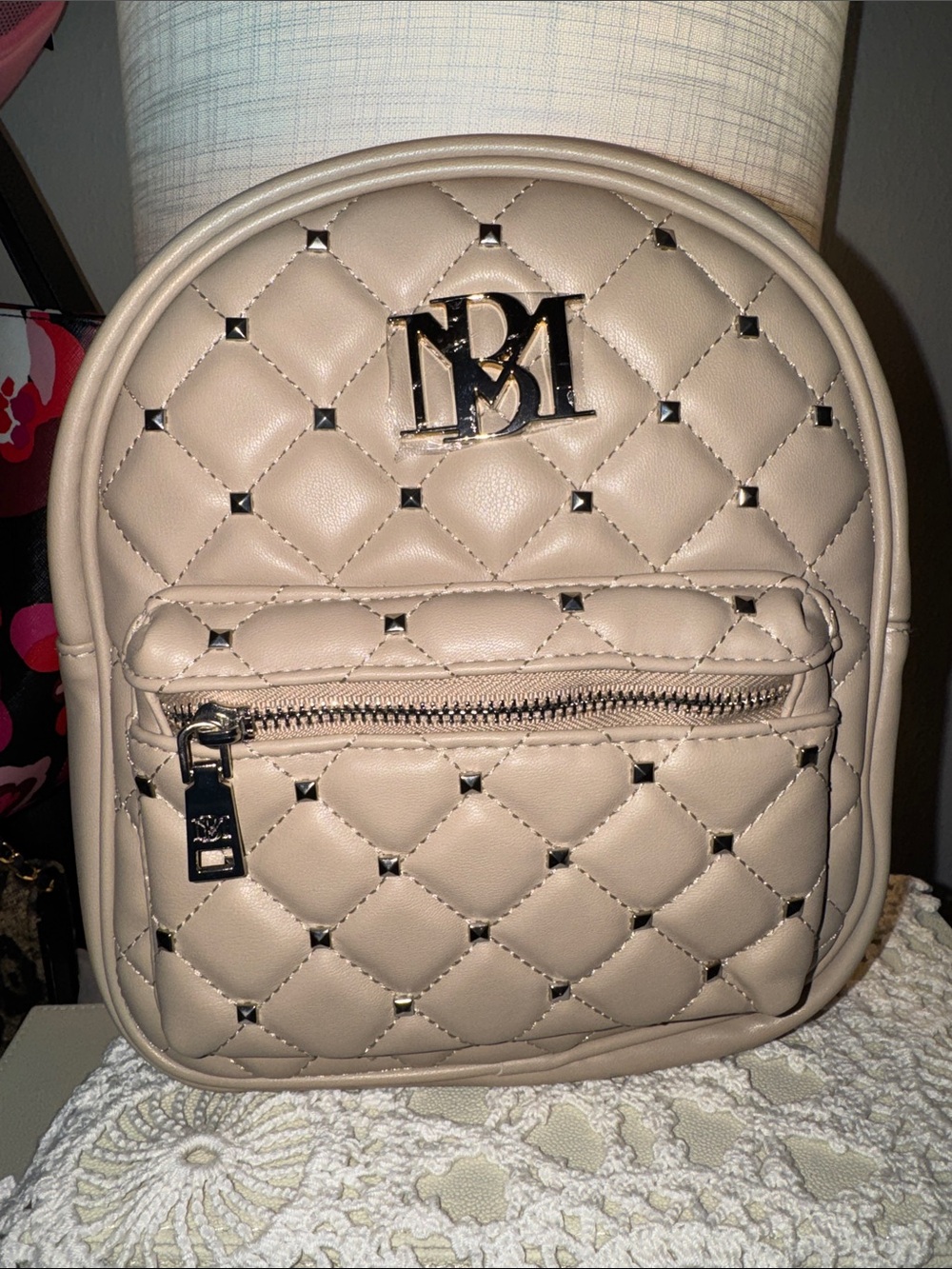 Badgley Mischka Quilted Mini Backpack in Beige with Silver Hardware NWT